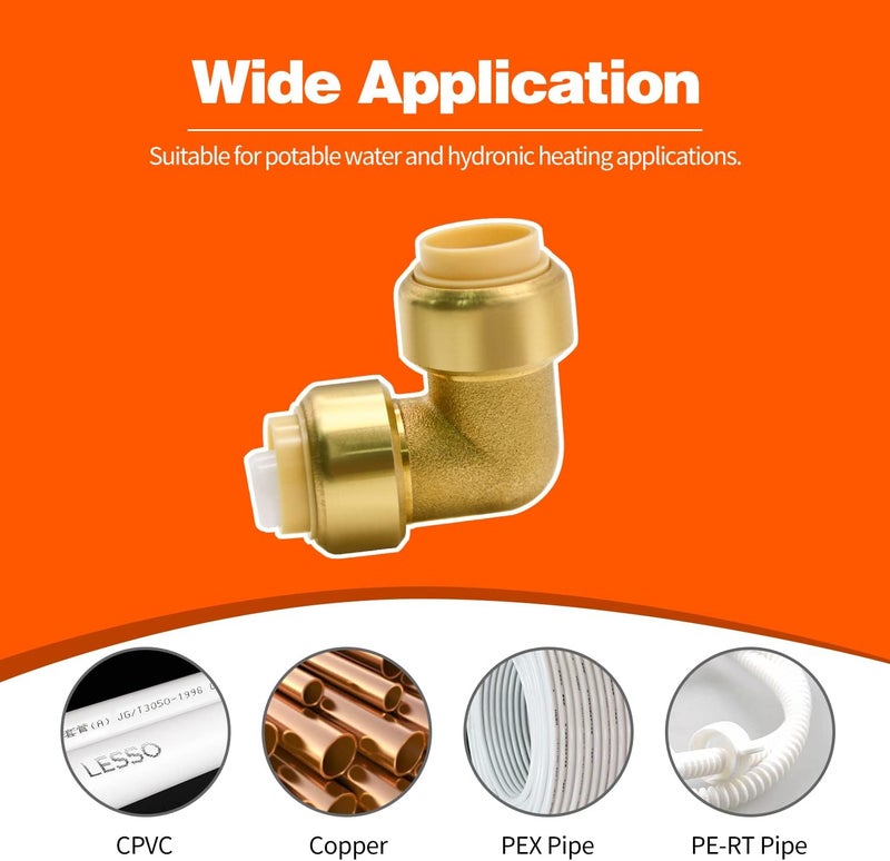 Ruby Q 12 Pack Push-to-Connect Plumbing Fittings, 1/2" Pushfit Elbow Fittings with Disconnect Clip for Copper, PEX, CPVC Pipe - Image 3